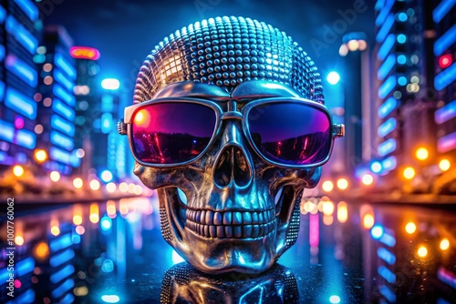 A silver studded skull with mirrored shades and a sleek, metallic finish, set against a bold, blue-lit urban photo