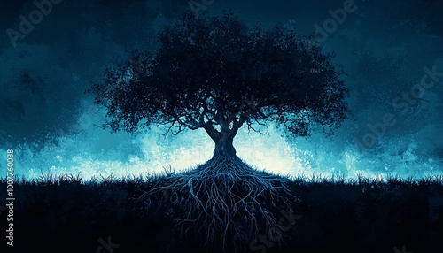 Inverted Reality - Surreal Illustration of Tree with Roots in Sky and Branches in Ground photo