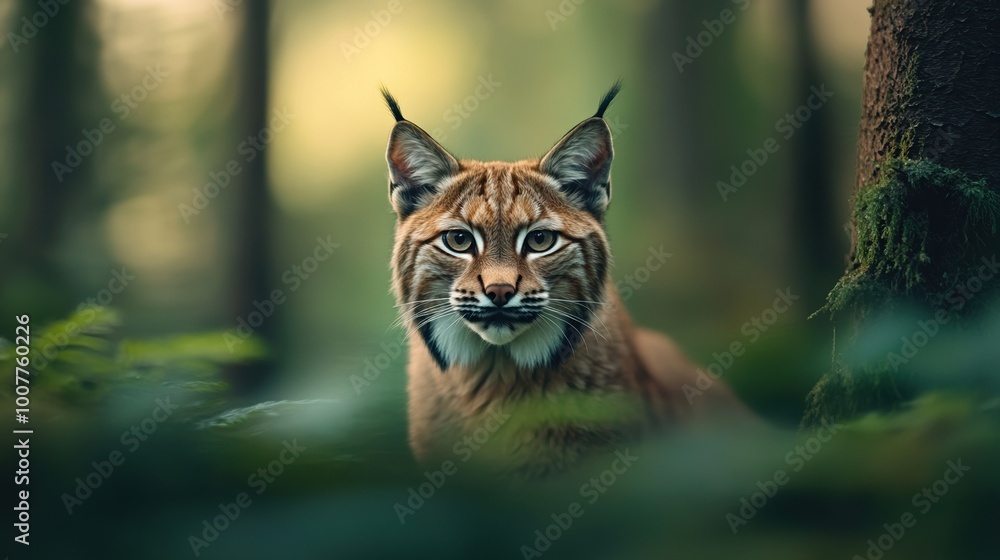 Naklejka premium Lynx in the forest, nature habitat, serene and majestic expression.