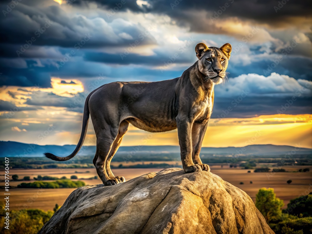 A sleek black lioness stands victorious on a rocky outcropping, gazing out over a vast savannah landscape, symbolizing A sleek black lioness stands victorious on a rocky outcropping, gazing out over a vast savannah landscape, symbolizing