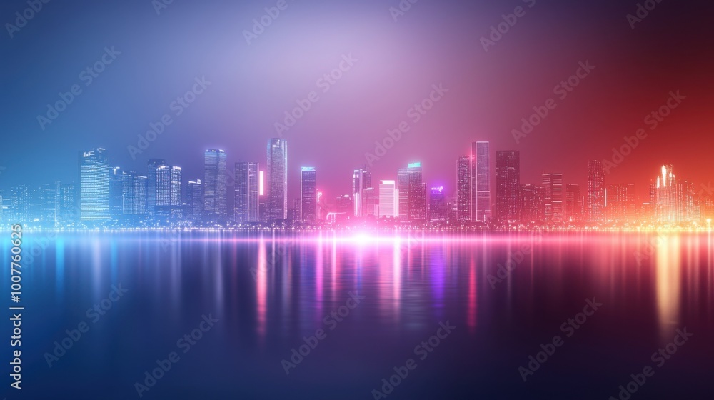 A foggy cityscape at night with neon lights softly glowing through the mist A foggy cityscape at night with neon lights softly glowing through the mist