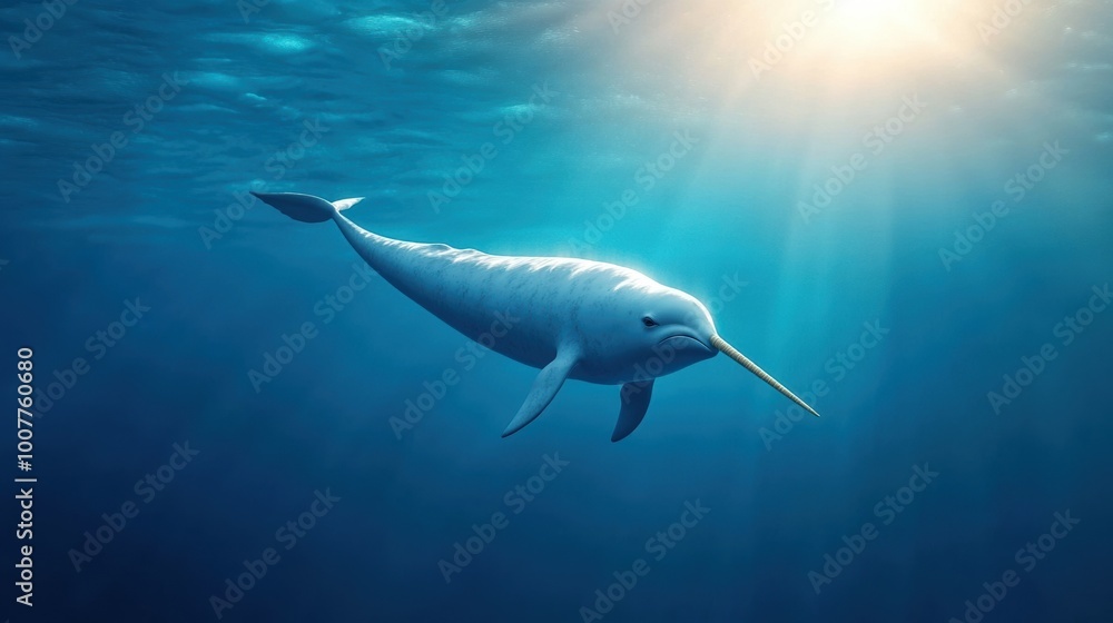 Fototapeta premium Narwhal swimming gracefully in deep blue waters beneath sunlit surface