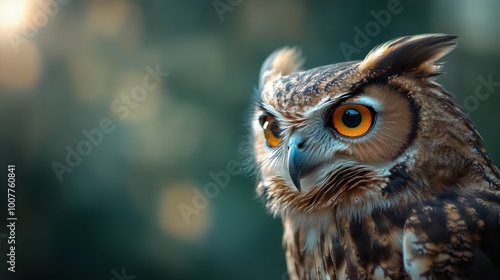 Owl with striking eyes perched against a blurred natural background.