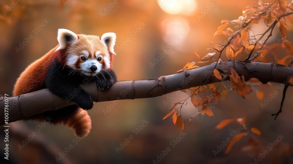 Red panda resting on a branch surrounded by autumn leaves. Red panda resting on a branch surrounded by autumn leaves.