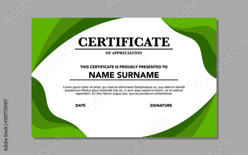 Green border certificate, appreciation, name, surname, date, signature.