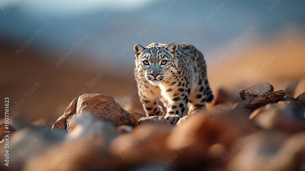 Snow leopard prowling over rocky terrain in a natural habitat. Snow leopard prowling over rocky terrain in a natural habitat.