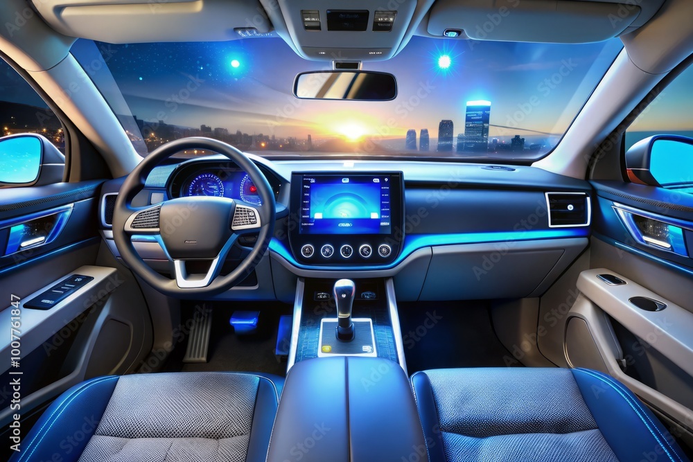 A sleek modern vehicle's dashboard displays a futuristic information system, with glowing screens and intuitive A sleek modern vehicle's dashboard displays a futuristic information system, with glowing screens and intuitive