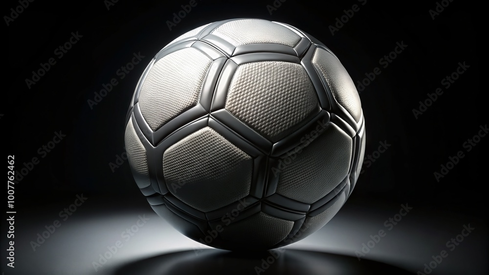 Fototapeta premium A sleek, white soccer ball with intricate panel design stands out against a dramatic, black background, evoking
