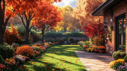 Fotobehang Cappuccinokleur autumn garden with brick patio and red maple trees - fall colors, backyard, landscape photography  © VASSELL TRADING