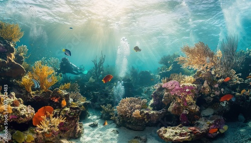 A scuba diver explores a vibrant coral reef with sunbeams shining through the water.