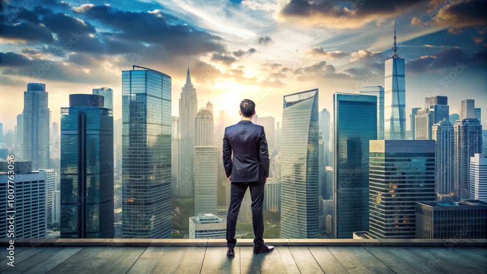 A solitary figure stands at the edge of a bustling city, staring out at the towering skyscrapers with A solitary figure stands at the edge of a bustling city, staring out at the towering skyscrapers with