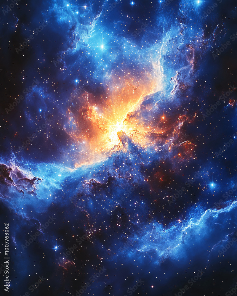 Fototapeta premium cosmic nebula with blue and orange glowing clouds and stars in deep space