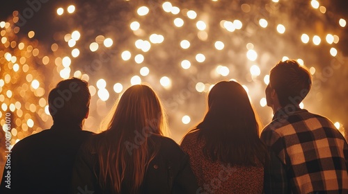 Group of four people watching a mesmerizing fireworks display, creating a dazzling and joyous celebration under the night sky.