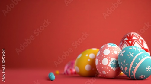 Colorful easter eggs on red background with copy space