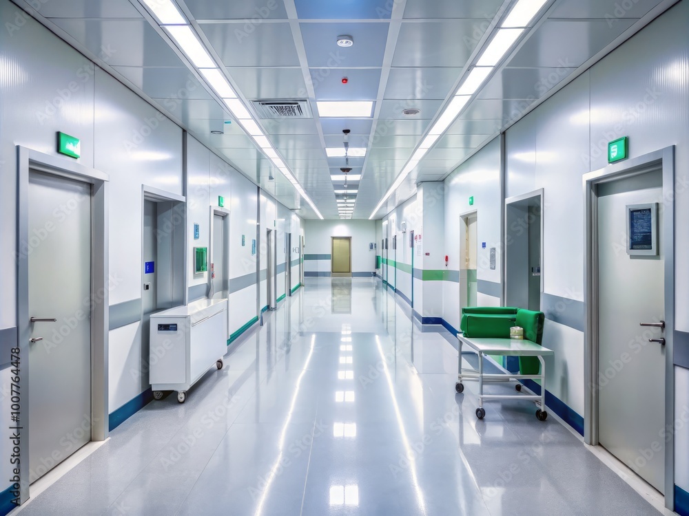 A sterile hospital corridor features a long, white wall adorned with direction signs, medical equipment, and a few A sterile hospital corridor features a long, white wall adorned with direction signs, medical equipment, and a few