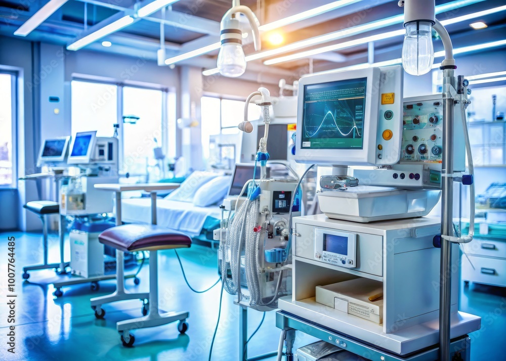 A sterile medical workstation with various diagnostic equipment, including ventilators, heart rate monitors, and A sterile medical workstation with various diagnostic equipment, including ventilators, heart rate monitors, and