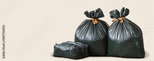 Two black garbage bags and one smaller bag sit against a neutral background, ready for disposal and waste management. photo