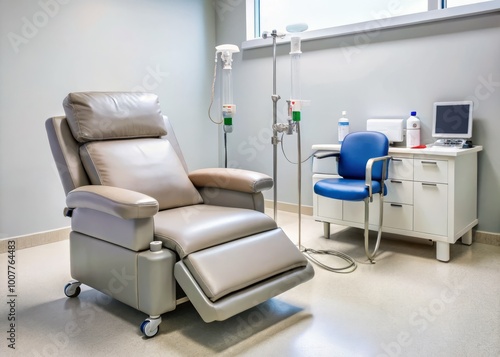 A sterile medical equipment setup with a plasma donation bag attached to a comfortable reclining chair in a