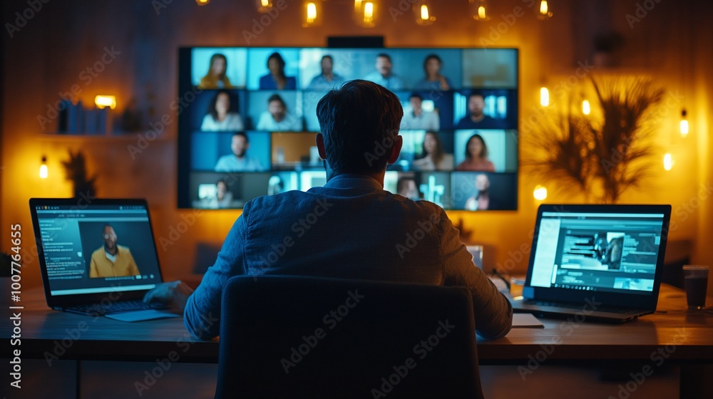A businessman sits at his desk with two laptops and a large monitor showing a video conference call. A businessman sits at his desk with two laptops and a large monitor showing a video conference call.