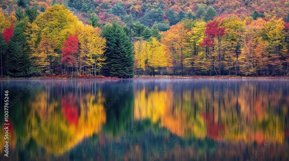 A serene lake reflecting the vibrant colors of autumn leaves on a misty morning. A serene lake reflecting the vibrant colors of autumn leaves on a misty morning.
