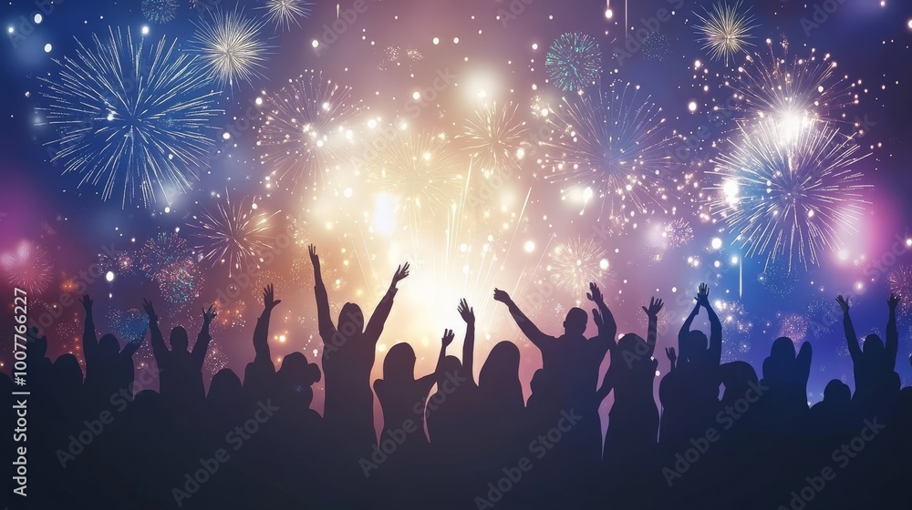 Naklejka premium Silhouettes of people celebrating under a sky filled with colorful fireworks, creating a vibrant and joyful atmosphere.