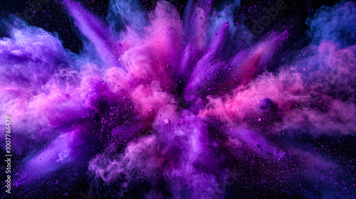 A blue-pink-purple cloud of smoke with dust and paint particles. The explosion turned out to be very colorful and bright. Chaotic abstract background. Purple wallpaper for design. A mix of holi colors