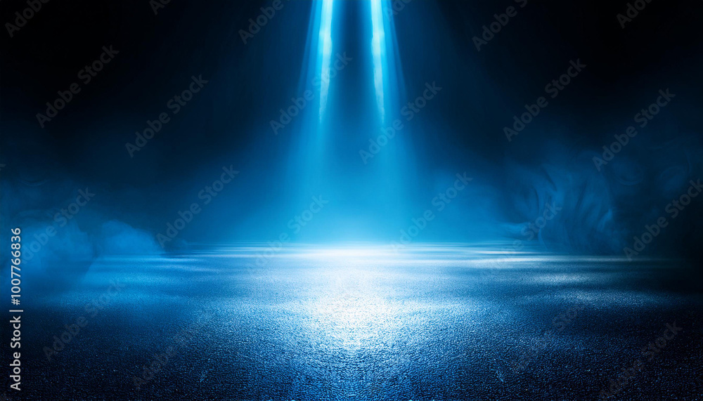 Rays, spotlights light. Empty dark scene with blue light. Asphalt blue dark street with smoke. Rays, spotlights light. Empty dark scene with blue light. Asphalt blue dark street with smoke.