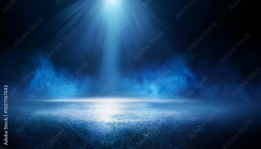 Rays, spotlights light. Empty dark scene with blue light. Asphalt blue dark street with smoke. Rays, spotlights light. Empty dark scene with blue light. Asphalt blue dark street with smoke.