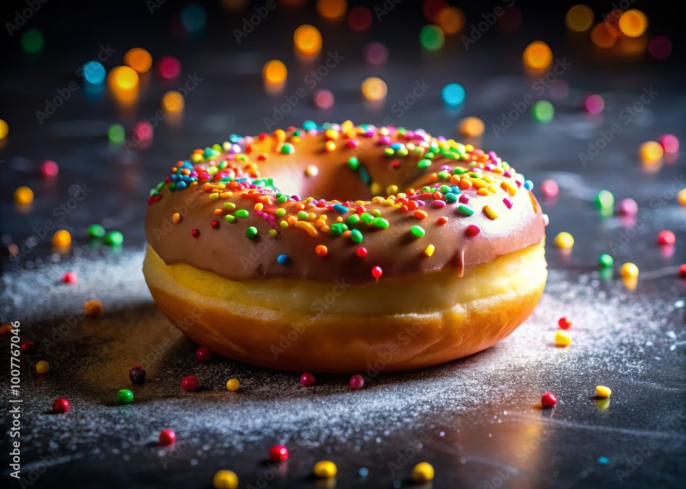A translucent, sugary doughnut glows against a dark background, its vibrant sprinkles and colorful frosting radiating a A translucent, sugary doughnut glows against a dark background, its vibrant sprinkles and colorful frosting radiating a