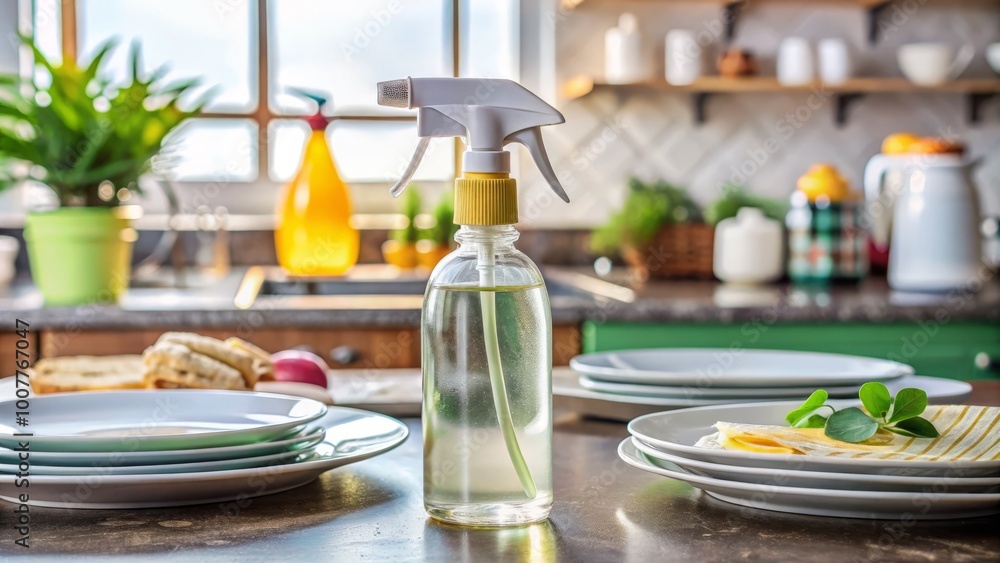 A transparent bottle of all-purpose cleaning spray with a nozzle and label sits on a cluttered countertop amidst A transparent bottle of all-purpose cleaning spray with a nozzle and label sits on a cluttered countertop amidst