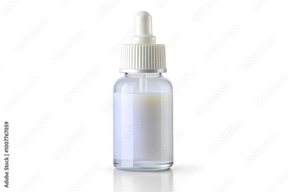 A transparent plastic dropper bottle with a blank white label and cap, isolated on a white background, waiting A transparent plastic dropper bottle with a blank white label and cap, isolated on a white background, waiting