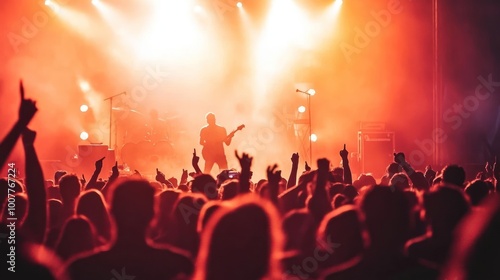 A silhouette of a musician performing on stage, with a crowd of people cheering and waving their hands in the air. The stage is lit up with bright lights and there is a lot of smoke in the air.