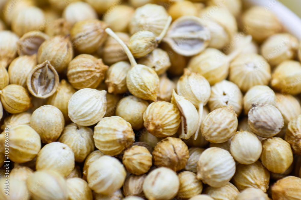 Cleaned dried Coriander (Dhaniya) seeds background texture, pattern. Pile of Dried Coriander grains, kernels. Flat lay. Food concept background. Raw dried coriander seed used as a spice in cooking. Cleaned dried Coriander (Dhaniya) seeds background texture, pattern. Pile of Dried Coriander grains, kernels. Flat lay. Food concept background. Raw dried coriander seed used as a spice in cooking.