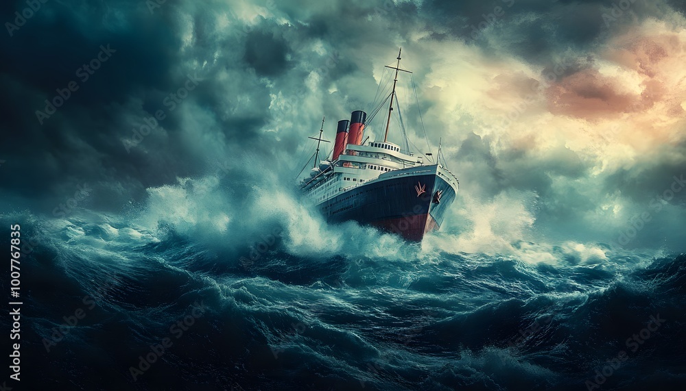 Naklejka premium A vintage ship navigating through stormy seas, showcasing dramatic waves and dark clouds, evoking a sense of adventure and peril.