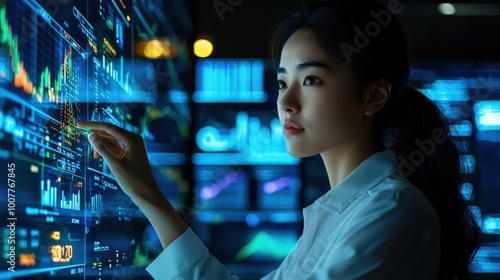 Professional Woman Analyzing Data on Holographic Screen