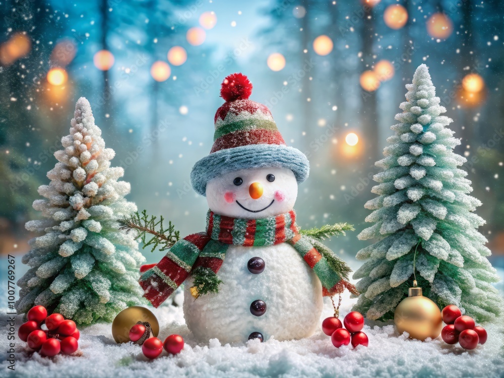 A whimsical snowman adorned with holly and scarf stands amidst snowflakes, decorating a winter wonderland scene with A whimsical snowman adorned with holly and scarf stands amidst snowflakes, decorating a winter wonderland scene with