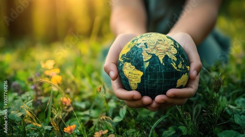 Two hands gently cradle a small globe amidst green plants, symbolizing care and responsibility for the environment and our planet Earth.