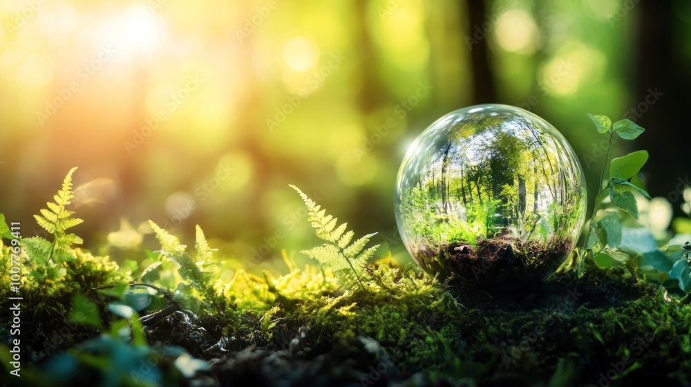 A transparent crystal ball resting on mossy forest floor, surrounded by greenery, reflecting the vivid forest environment under soft sunlight filtering through trees. A transparent crystal ball resting on mossy forest floor, surrounded by greenery, reflecting the vivid forest environment under soft sunlight filtering through trees.