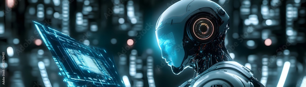 Futuristic robot operating a high-tech device in a digital environment, symbolizing advanced technology and artificial intelligence. Futuristic robot operating a high-tech device in a digital environment, symbolizing advanced technology and artificial intelligence.