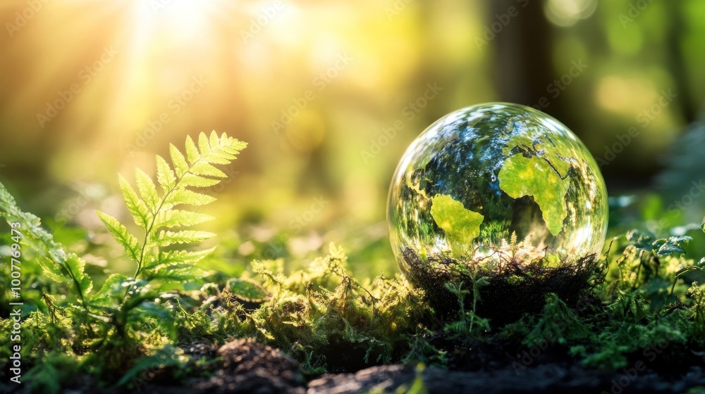 A glass globe representing Earth rests on a mossy surface with sunlight streaming through foliage, symbolizing environmental awareness and the fragility of nature. A glass globe representing Earth rests on a mossy surface with sunlight streaming through foliage, symbolizing environmental awareness and the fragility of nature.