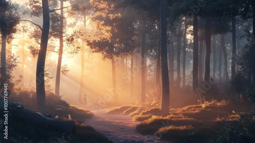 A single person walks along a dirt path through a dense forest as the sun shines through the trees.