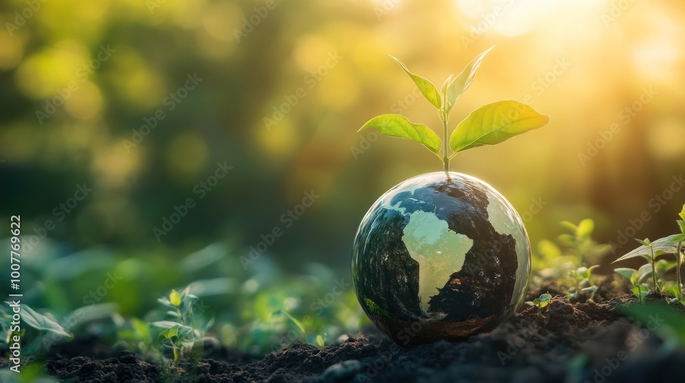 A young plant sprouting from a globe in soil, symbolizing sustainability and renewal, with sunlight filtering through a green background suggesting hope and growth. A young plant sprouting from a globe in soil, symbolizing sustainability and renewal, with sunlight filtering through a green background suggesting hope and growth.