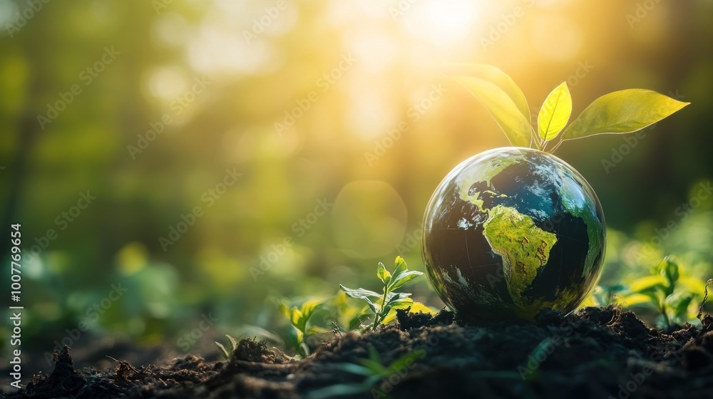 A small, vibrant plant sprouting from a globe placed on rich soil against a sunlit, green backdrop, symbolizing environmental care and sustainability. A small, vibrant plant sprouting from a globe placed on rich soil against a sunlit, green backdrop, symbolizing environmental care and sustainability.