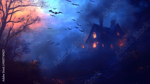 Halloween night with a spooky house and bats, halloween background