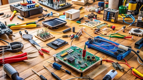 A workbench cluttered with microcontrollers, wires, and circuit boards, surrounded by tools and components, depicting a photo