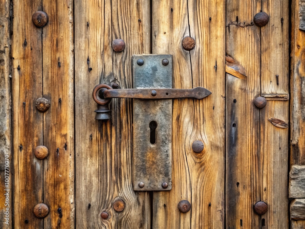 Fototapeta premium A worn, rustic wooden door with old-fashioned iron hinges and a large keyhole, weathered to perfection, stands slightly