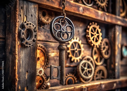 A worn, rusted key hangs from a decaying wooden shelf, surrounded by dusty old clock gears, symbolizing forgotten photo