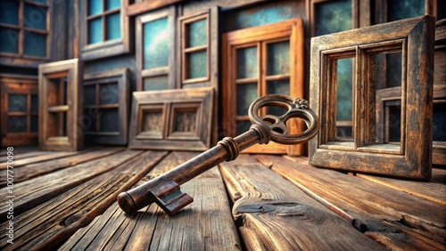 A worn, rusty key lies on a weathered wooden table, surrounded by open doors and empty frames, symbolizing