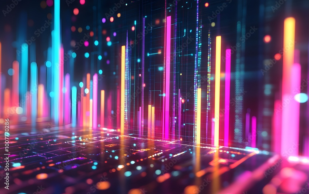 Vibrant abstract visualization of data streams with colorful bars and glowing effects, perfect for digital and tech themes.