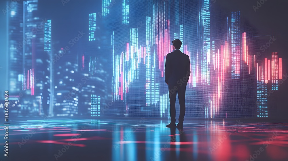 A businessman stands contemplatively against a futuristic city backdrop, surrounded by vivid data visualizations and glowing graphs. A businessman stands contemplatively against a futuristic city backdrop, surrounded by vivid data visualizations and glowing graphs.